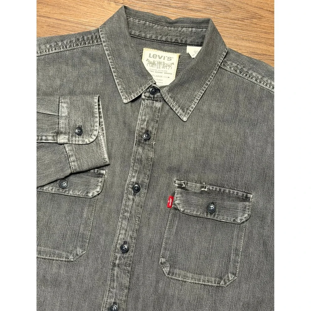 Levis Mens Faded Gray Denim Button Down Shirt Long Sleeve Workwear Sz XL